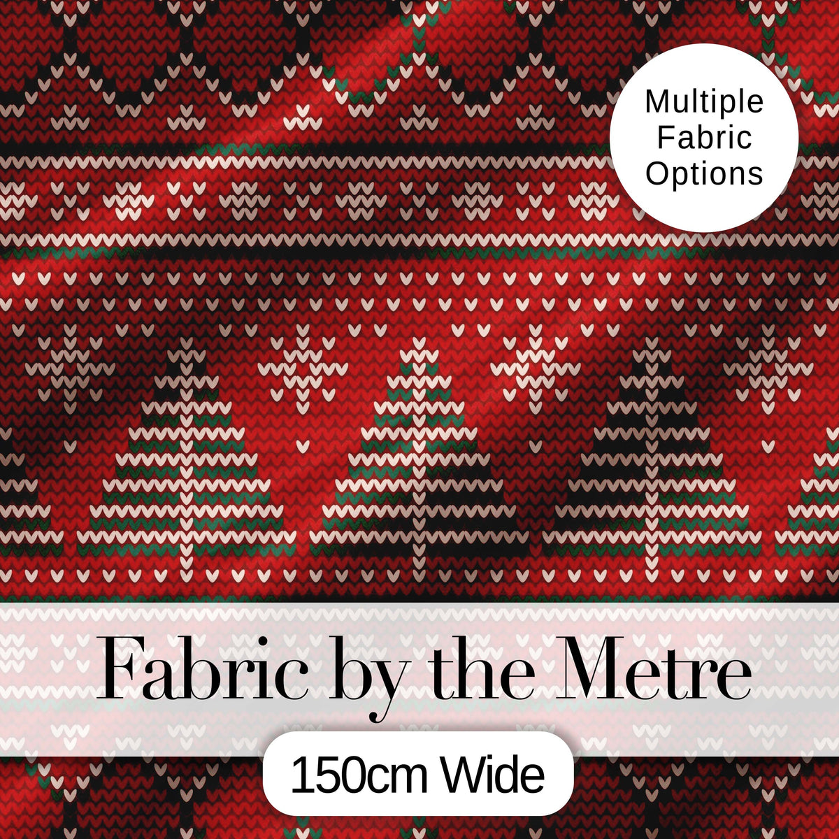 Cute Red Heart Christmas Tree Festive Nordic Knitted Seamless Pattern Digital Print Fabric by the Metre UK Sewing Quilting Textile