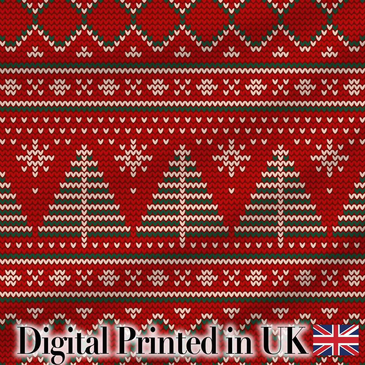 Cute Red Heart Christmas Tree Festive Nordic Knitted Seamless Pattern Digital Print Fabric by the Metre UK Sewing Quilting Textile