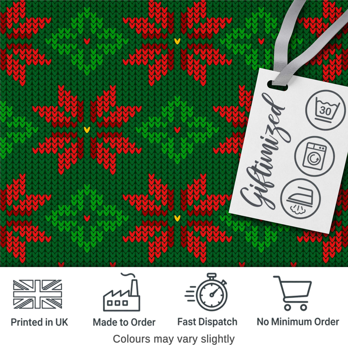 Cute Green Red Nordic Floral Snowflake Winter Knitted Seamless Pattern Digital Print Fabric by the Metre UK Sewing Quilting Textile