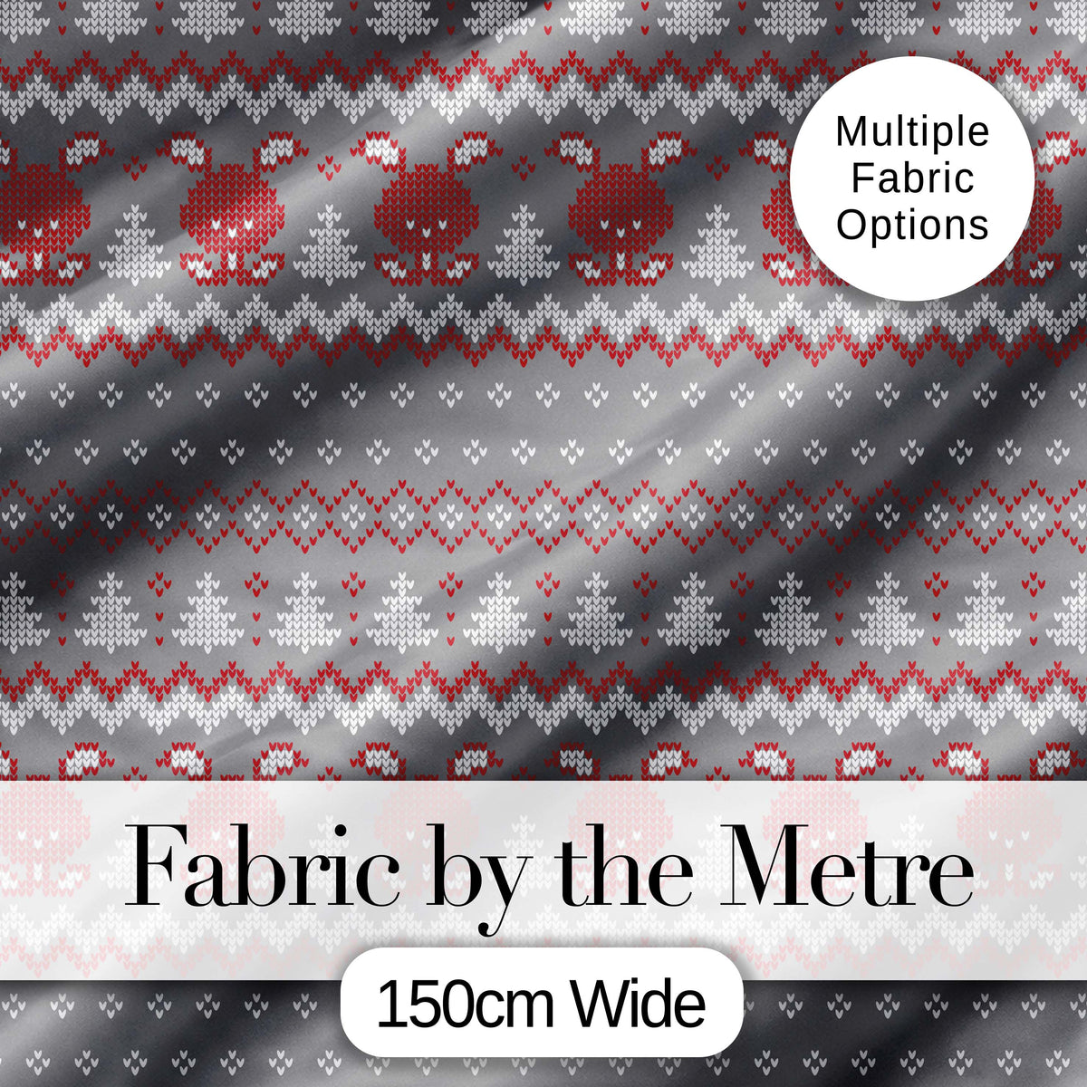 Cute Christmas Bunny Hearts and Trees Knitted Style Seamless Pattern Digital Print Fabric by the Metre UK Sewing Quilting Textile