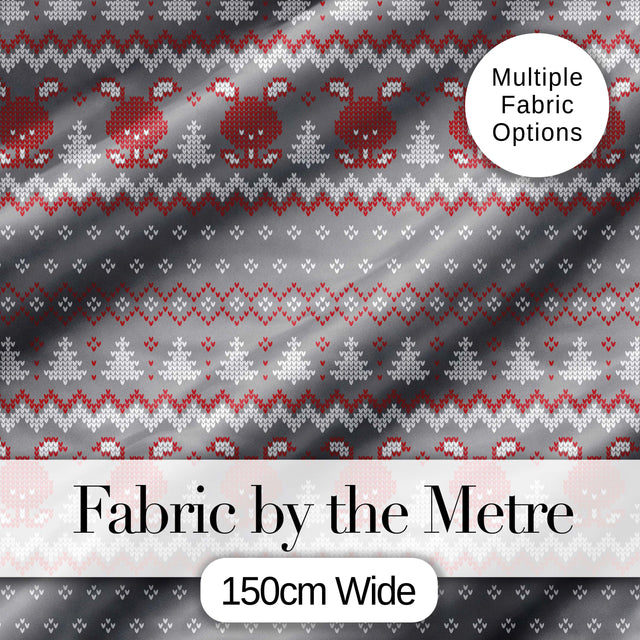 Cute Christmas Bunny Hearts and Trees Knitted Style Seamless Pattern Digital Print Fabric by the Metre UK Sewing Quilting Textile