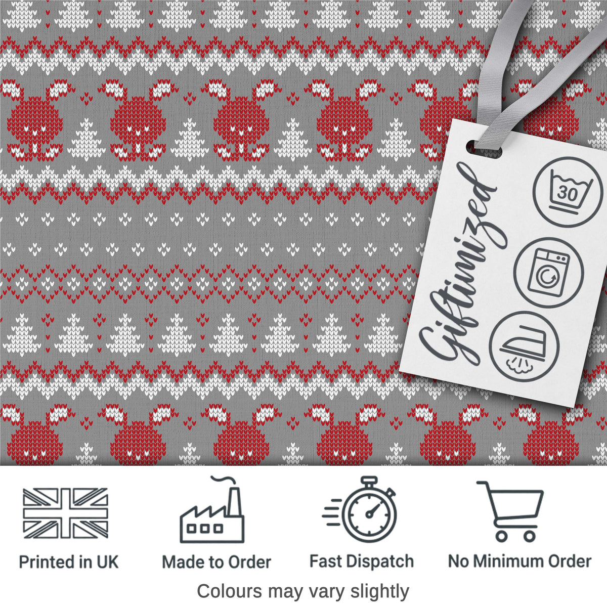 Cute Christmas Bunny Hearts and Trees Knitted Style Seamless Pattern Digital Print Fabric by the Metre UK Sewing Quilting Textile