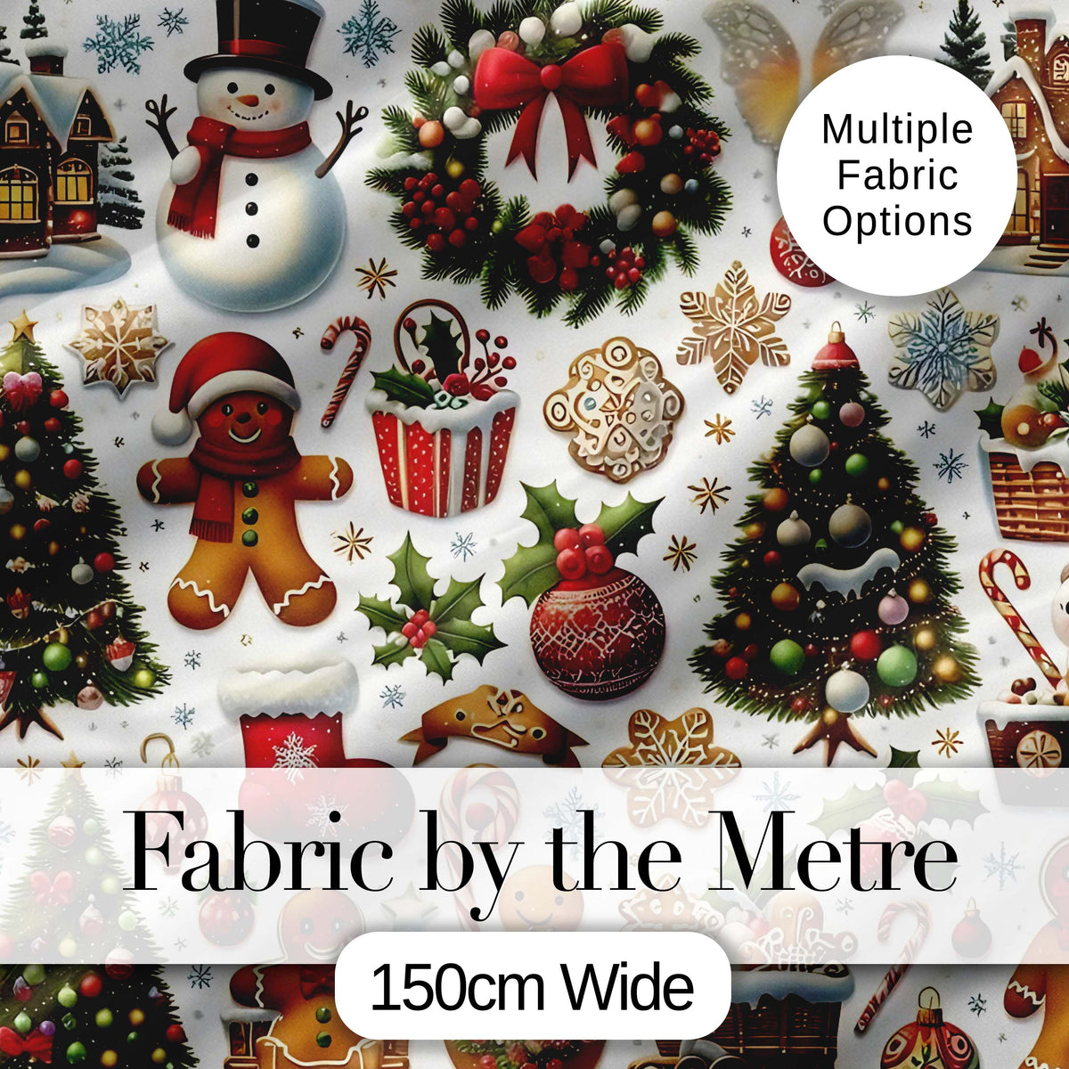 Vintage Christmas  Snowman Wreath Gingerbread Tree Seamless Pattern Digital Print Fabric by the Metre UK Sewing Quilting Textile
