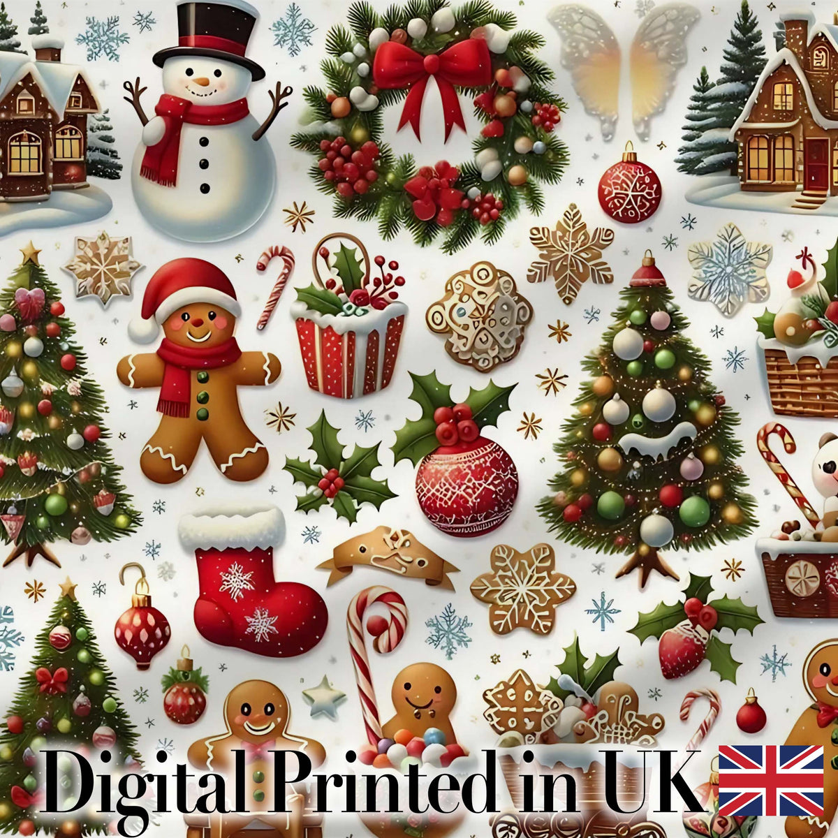 Vintage Christmas  Snowman Wreath Gingerbread Tree Seamless Pattern Digital Print Fabric by the Metre UK Sewing Quilting Textile