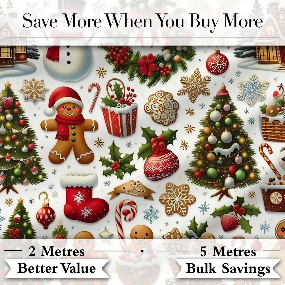 Vintage Christmas  Snowman Wreath Gingerbread Tree Seamless Pattern Digital Print Fabric by the Metre UK Sewing Quilting Textile