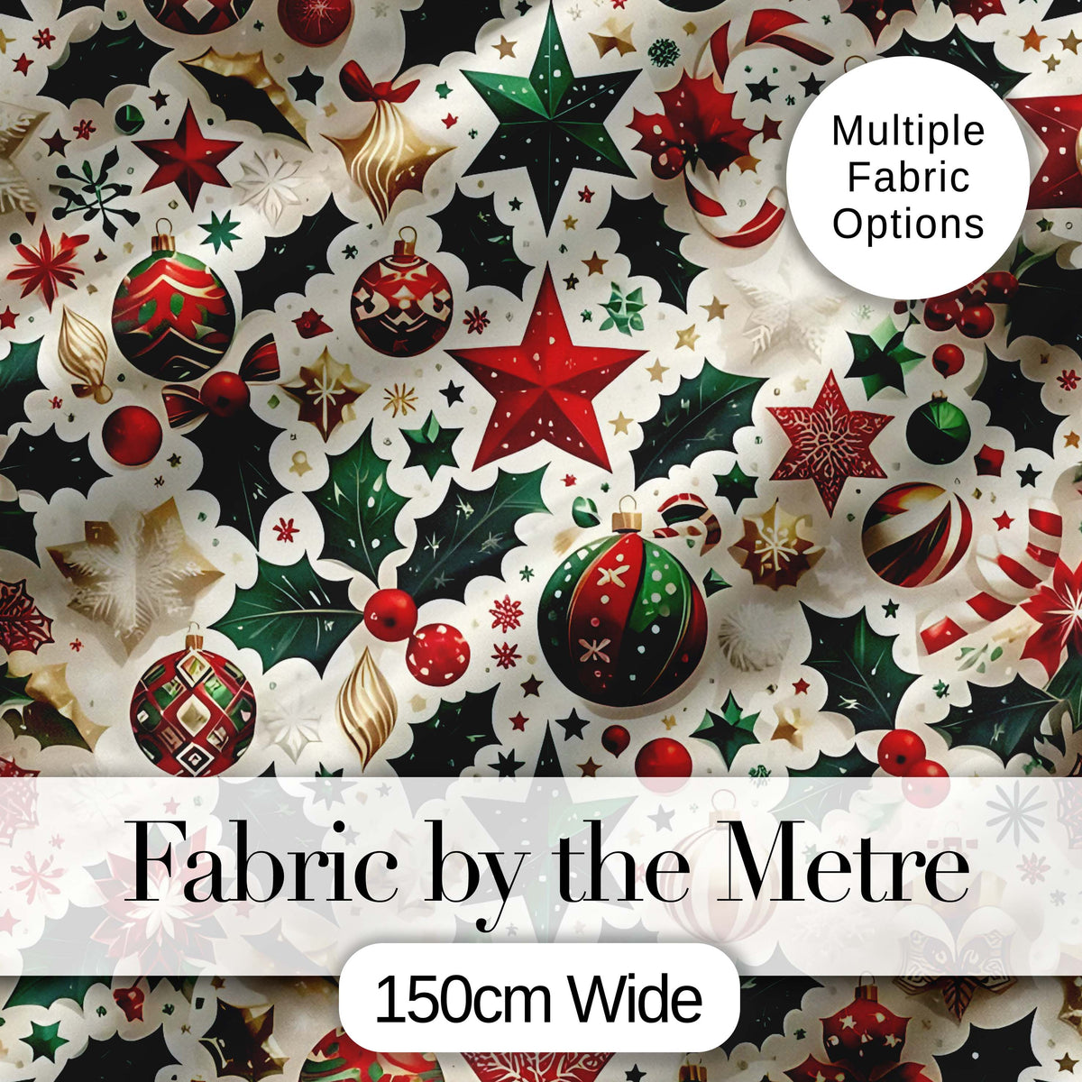 Festive Christmas Stars Ornaments Holly Leaves Seamless Pattern Digital Print Fabric by the Metre UK Sewing Quilting Textile