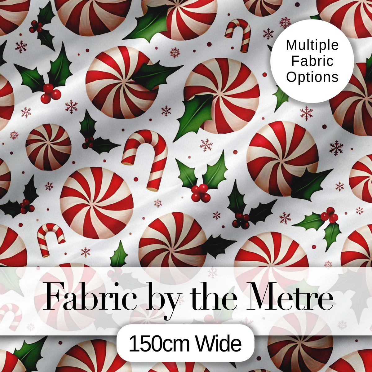 Peppermint Candy Swirl Holly Berry Christmas Seamless Pattern Digital Print Fabric by the Metre UK Sewing Quilting Textile