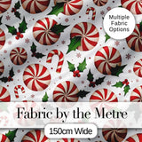 Peppermint Candy Swirl Holly Berry Christmas Seamless Pattern Digital Print Fabric by the Metre UK Sewing Quilting Textile