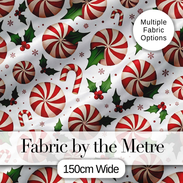 Peppermint Candy Swirl Holly Berry Christmas Seamless Pattern Digital Print Fabric by the Metre UK Sewing Quilting Textile