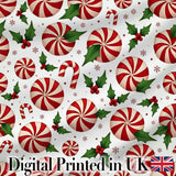 Peppermint Candy Swirl Holly Berry Christmas Seamless Pattern Digital Print Fabric by the Metre UK Sewing Quilting Textile