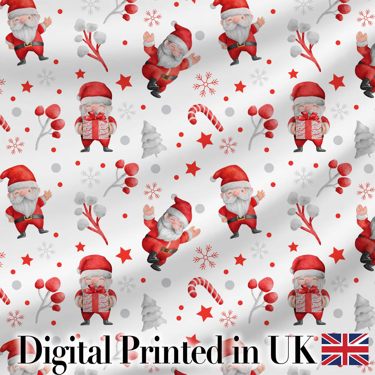 Cute Santa Claus Watercolor Gift Candy Cane Seamless Pattern Digital Print Fabric by the Metre UK Sewing Quilting Textile
