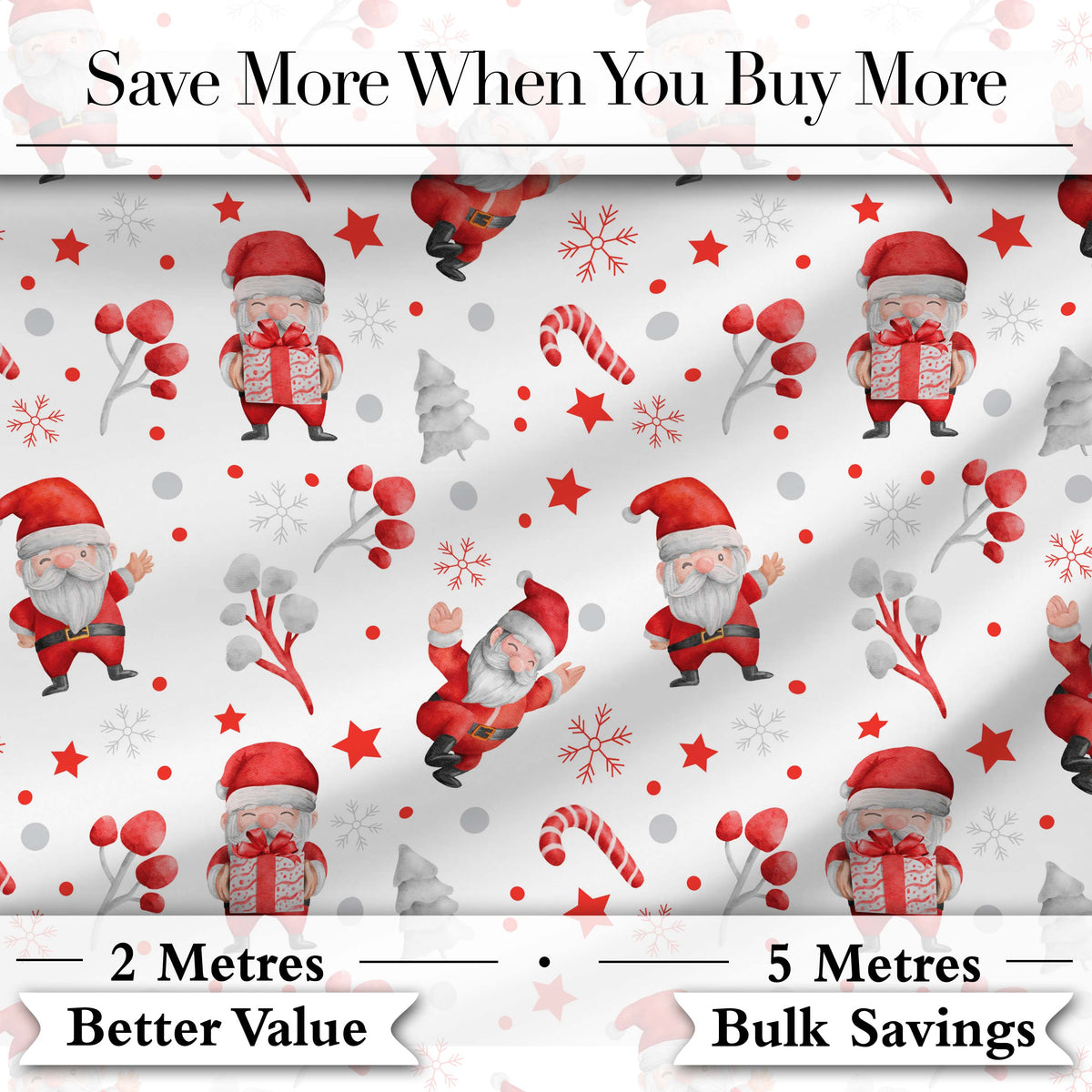Cute Santa Claus Watercolor Gift Candy Cane Seamless Pattern Digital Print Fabric by the Metre UK Sewing Quilting Textile