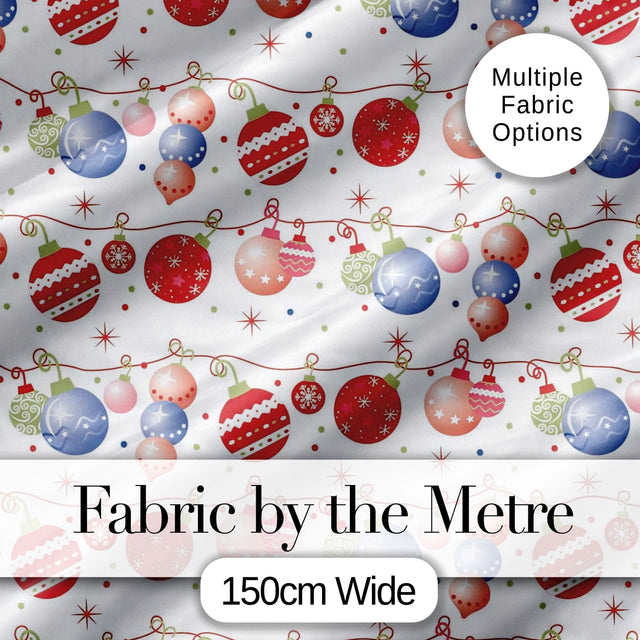Colorful Christmas Baubles Garland Ornament Seamless Pattern Digital Print Fabric by the Metre UK Sewing Quilting Textile