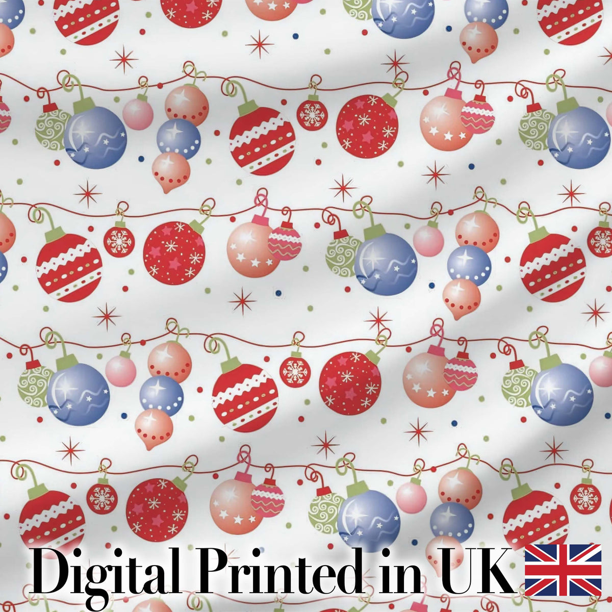 Colorful Christmas Baubles Garland Ornament Seamless Pattern Digital Print Fabric by the Metre UK Sewing Quilting Textile