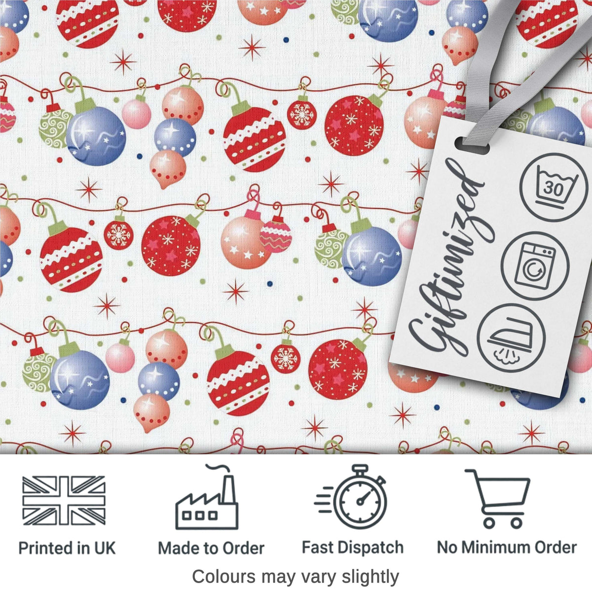 Colorful Christmas Baubles Garland Ornament Seamless Pattern Digital Print Fabric by the Metre UK Sewing Quilting Textile