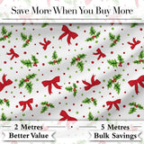 Festive Holly Leaves Red Bows Polka Dot Christmas Seamless Pattern Digital Print Fabric by the Metre UK Sewing Quilting Textile