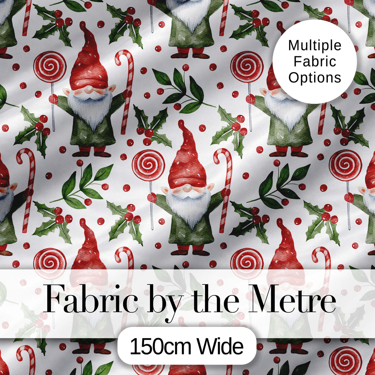 Watercolor Christmas Gnome Candy Cane Holly Berry Seamless Pattern Digital Print Fabric by the Metre UK Sewing Quilting Textile