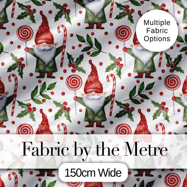 Watercolor Christmas Gnome Candy Cane Holly Berry Seamless Pattern Digital Print Fabric by the Metre UK Sewing Quilting Textile