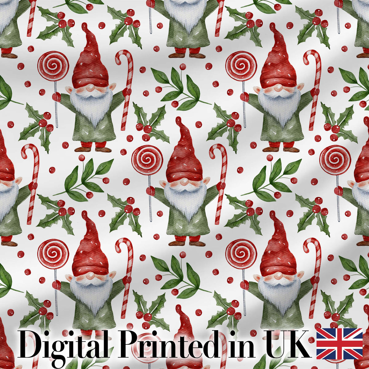 Watercolor Christmas Gnome Candy Cane Holly Berry Seamless Pattern Digital Print Fabric by the Metre UK Sewing Quilting Textile