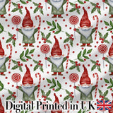 Watercolor Christmas Gnome Candy Cane Holly Berry Seamless Pattern Digital Print Fabric by the Metre UK Sewing Quilting Textile