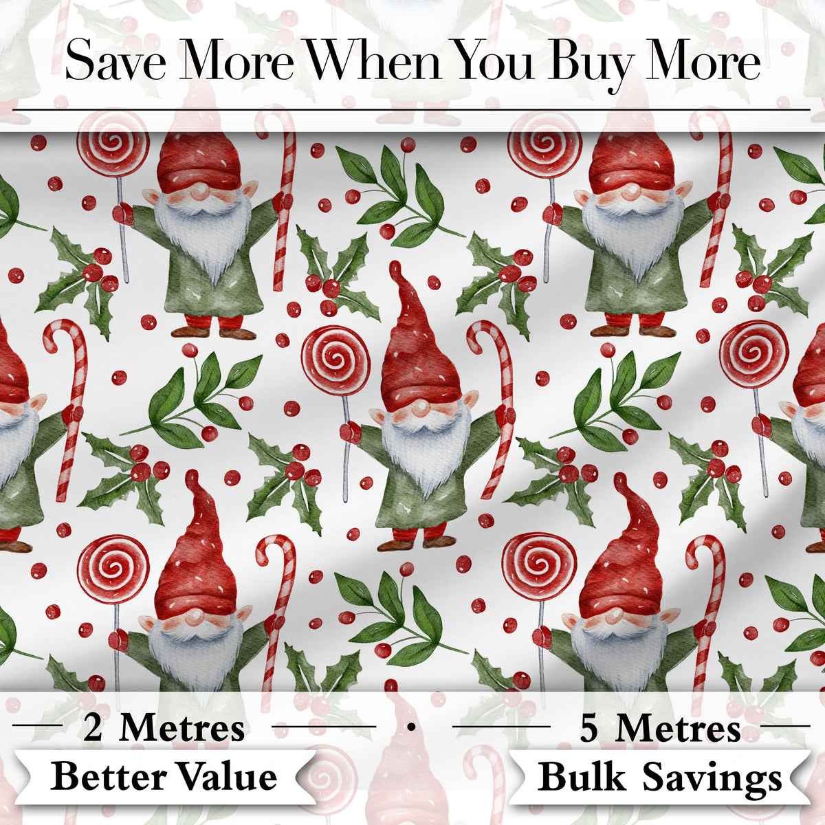 Watercolor Christmas Gnome Candy Cane Holly Berry Seamless Pattern Digital Print Fabric by the Metre UK Sewing Quilting Textile
