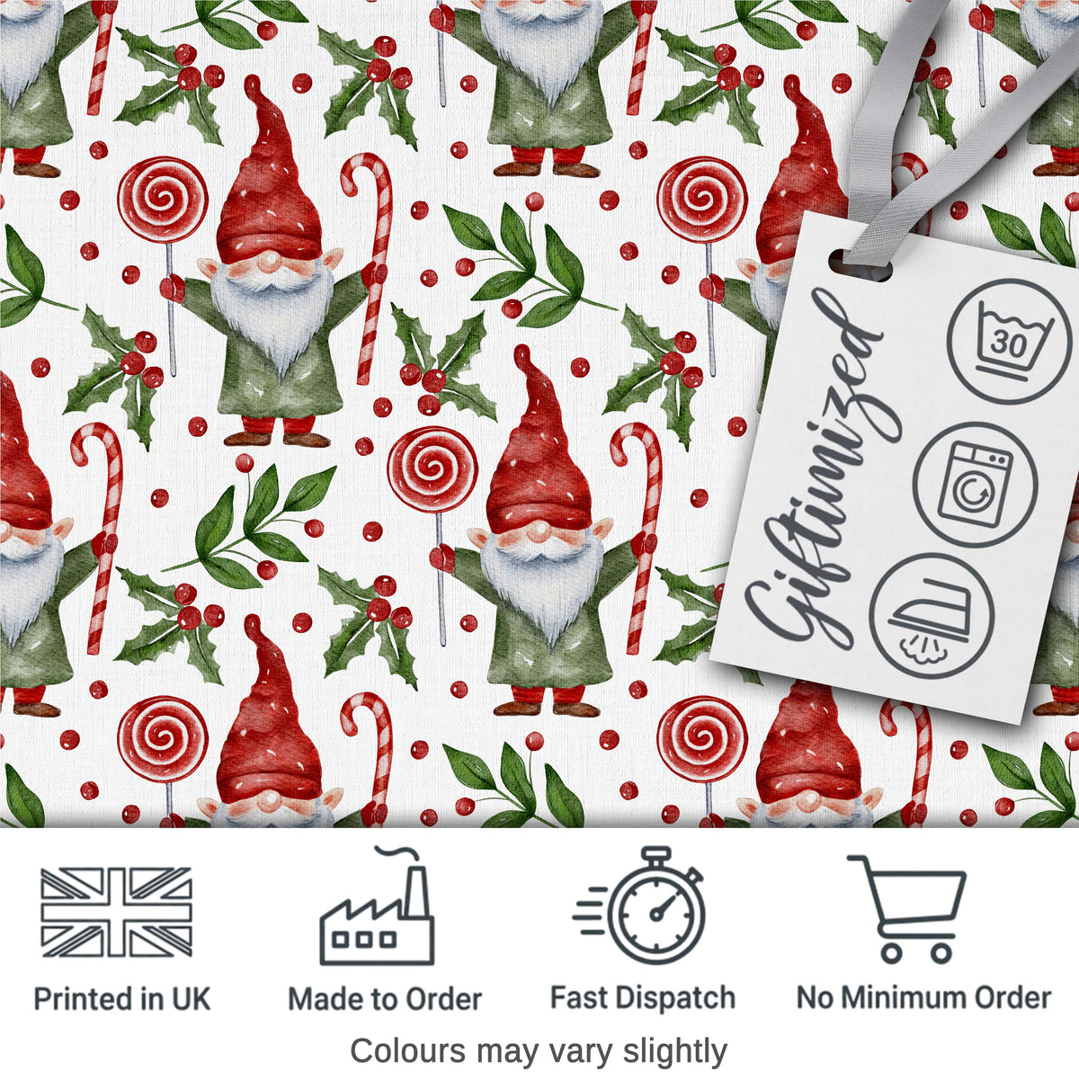 Watercolor Christmas Gnome Candy Cane Holly Berry Seamless Pattern Digital Print Fabric by the Metre UK Sewing Quilting Textile