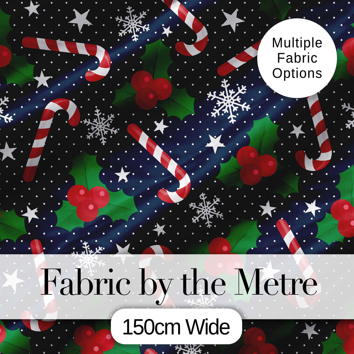 Dark Winter Candy Cane Holly Snowflake Night Seamless Pattern Digital Print Fabric by the Metre UK Sewing Quilting Textile