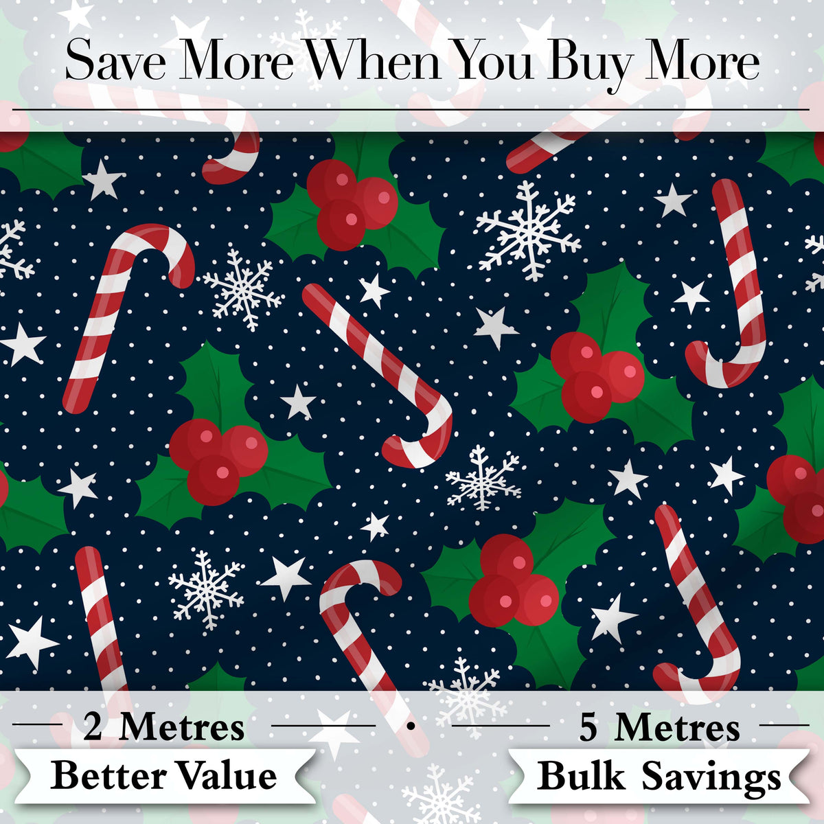 Dark Winter Candy Cane Holly Snowflake Night Seamless Pattern Digital Print Fabric by the Metre UK Sewing Quilting Textile