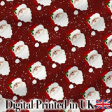 Cute Santa Face Red Snow Background Christmas Seamless Pattern Digital Print Fabric by the Metre UK Sewing Quilting Textile