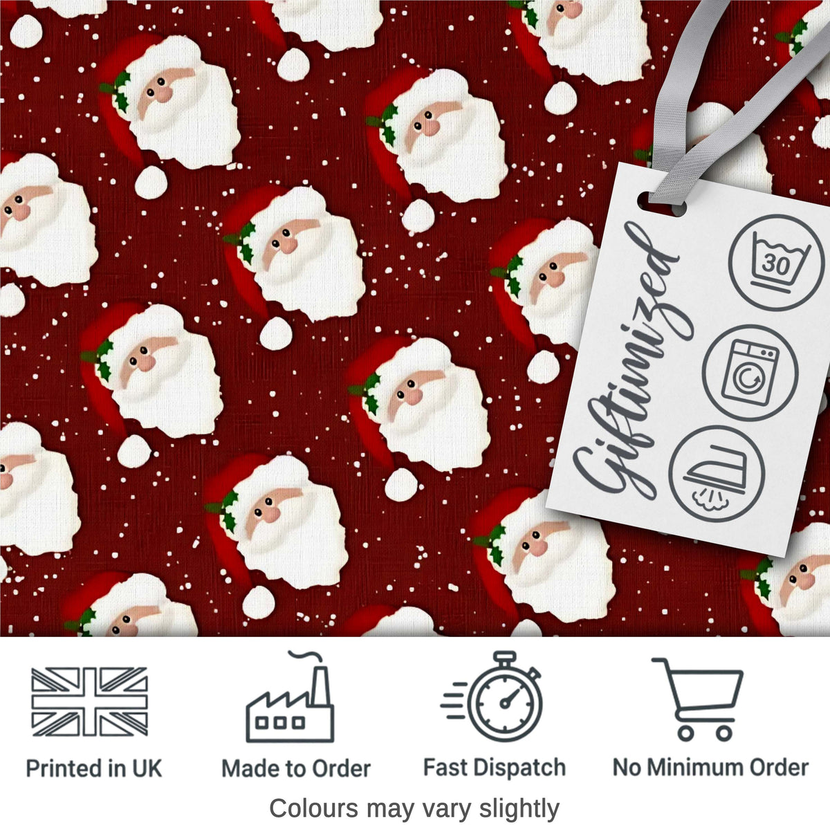 Cute Santa Face Red Snow Background Christmas Seamless Pattern Digital Print Fabric by the Metre UK Sewing Quilting Textile