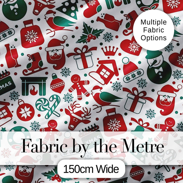 Festive Christmas  Santa Gift Snowman Tree Seamless Pattern Digital Print Fabric by the Metre UK Sewing Quilting Textile