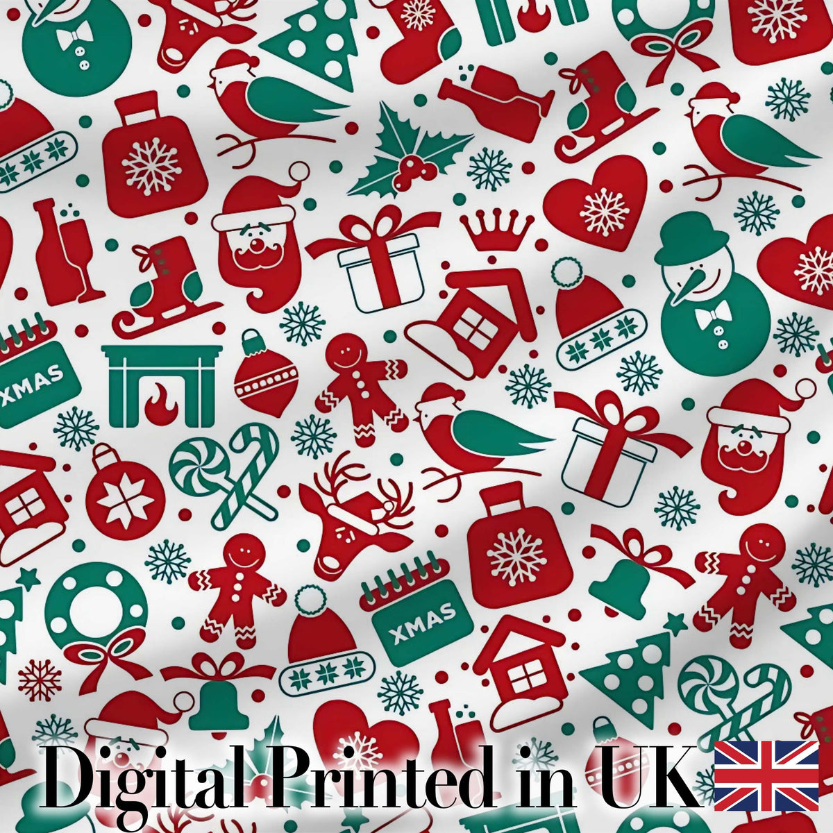Festive Christmas  Santa Gift Snowman Tree Seamless Pattern Digital Print Fabric by the Metre UK Sewing Quilting Textile