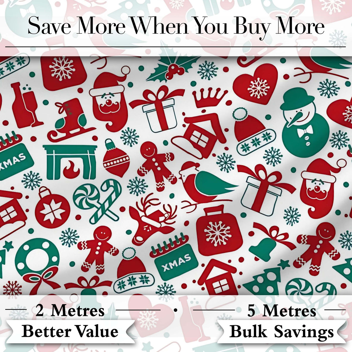 Festive Christmas  Santa Gift Snowman Tree Seamless Pattern Digital Print Fabric by the Metre UK Sewing Quilting Textile