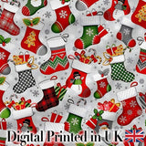 Christmas Stockings Gifts Candy Cane Snowflake Seamless Pattern Digital Print Fabric by the Metre UK Sewing Quilting Textile