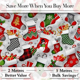 Christmas Stockings Gifts Candy Cane Snowflake Seamless Pattern Digital Print Fabric by the Metre UK Sewing Quilting Textile