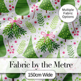 Minimal Christmas Tree Branch Berry Pink Bow Seamless Pattern Digital Print Fabric by the Metre UK Sewing Quilting Textile