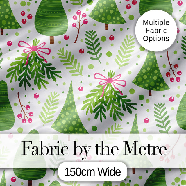 Minimal Christmas Tree Branch Berry Pink Bow Seamless Pattern Digital Print Fabric by the Metre UK Sewing Quilting Textile