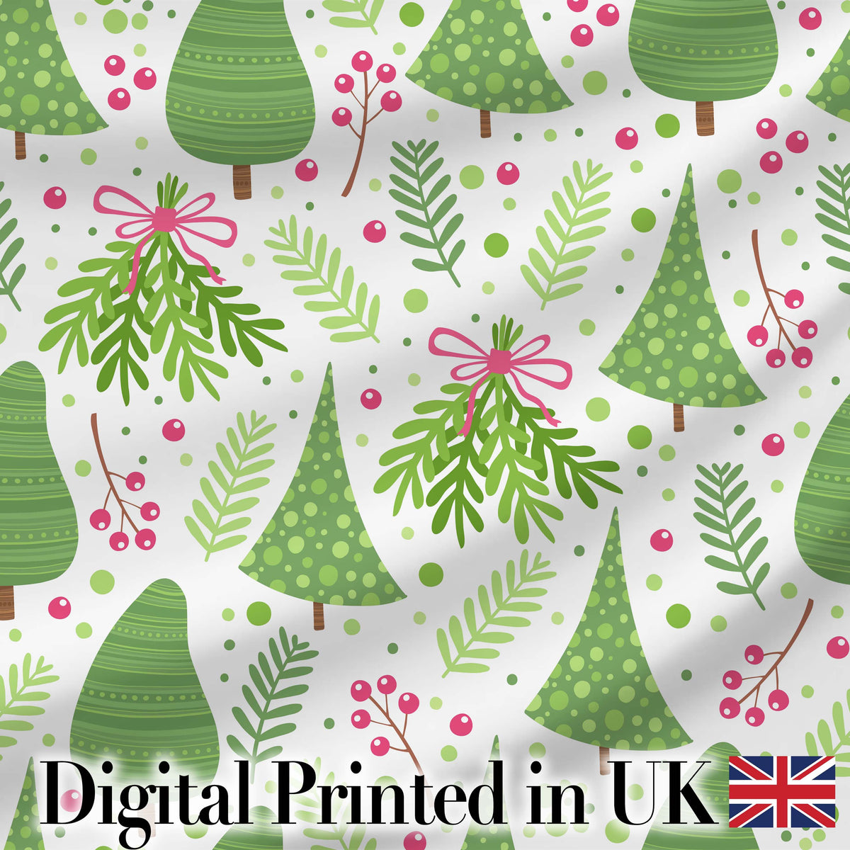 Minimal Christmas Tree Branch Berry Pink Bow Seamless Pattern Digital Print Fabric by the Metre UK Sewing Quilting Textile