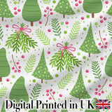 Minimal Christmas Tree Branch Berry Pink Bow Seamless Pattern Digital Print Fabric by the Metre UK Sewing Quilting Textile