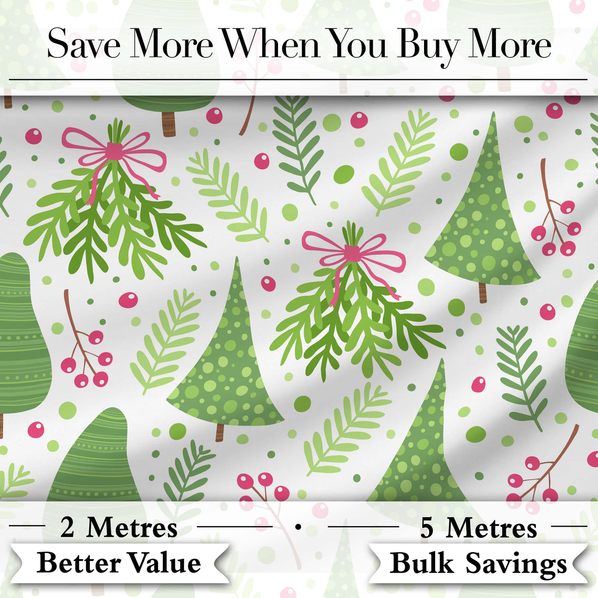 Minimal Christmas Tree Branch Berry Pink Bow Seamless Pattern Digital Print Fabric by the Metre UK Sewing Quilting Textile