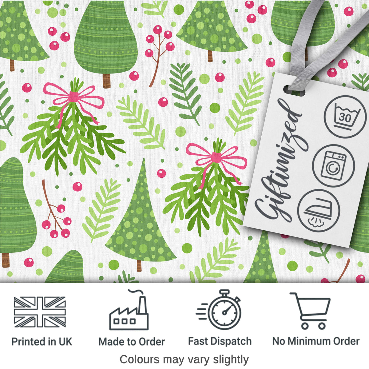 Minimal Christmas Tree Branch Berry Pink Bow Seamless Pattern Digital Print Fabric by the Metre UK Sewing Quilting Textile