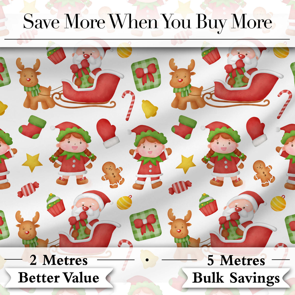 Cute Santa Sleigh Reindeer Elf Christmas Seamless Pattern Digital Print Fabric by the Metre UK Sewing Quilting Textile