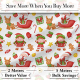 Cute Santa Sleigh Reindeer Elf Christmas Seamless Pattern Digital Print Fabric by the Metre UK Sewing Quilting Textile