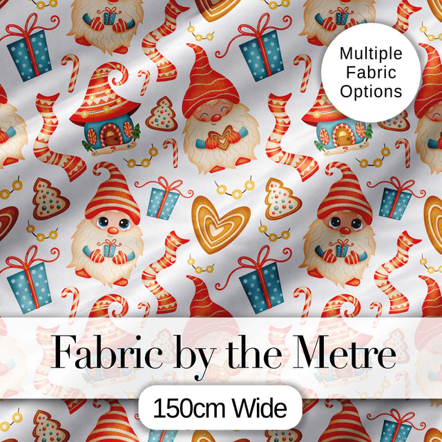 Cute Christmas Gnome Gift Candy Cane Gingerbread Seamless Pattern Digital Print Fabric by the Metre UK Sewing Quilting Textile