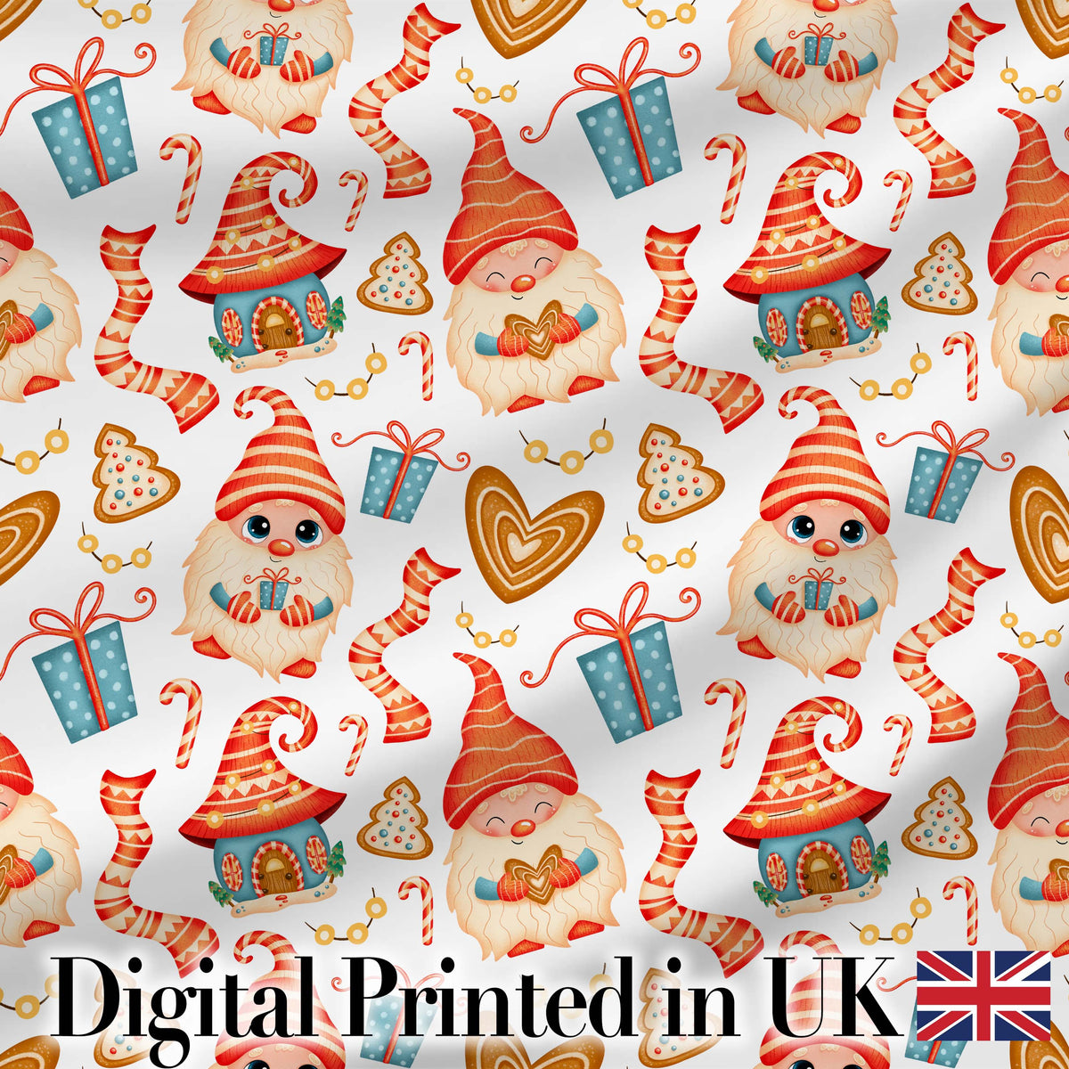 Cute Christmas Gnome Gift Candy Cane Gingerbread Seamless Pattern Digital Print Fabric by the Metre UK Sewing Quilting Textile