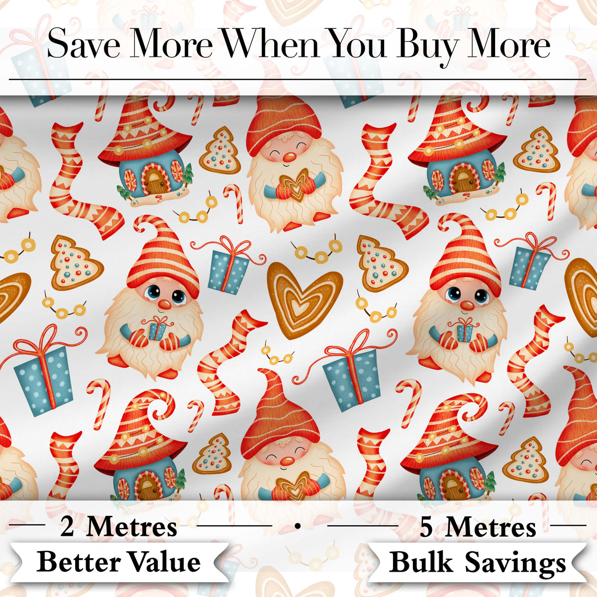 Cute Christmas Gnome Gift Candy Cane Gingerbread Seamless Pattern Digital Print Fabric by the Metre UK Sewing Quilting Textile