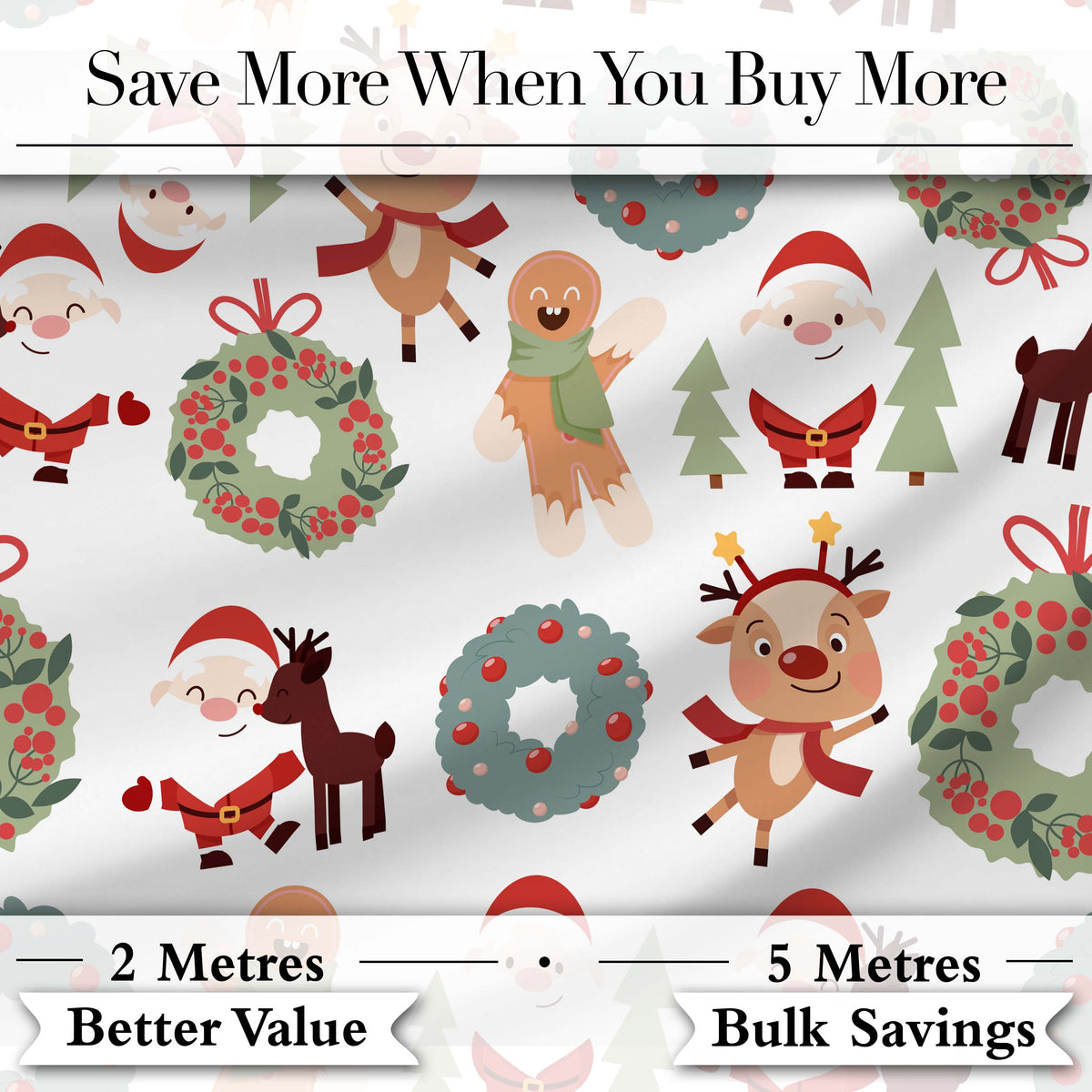 Cute Reindeer Santa Wreath Gingerbread Christmas Seamless Pattern Digital Print Fabric by the Metre UK Sewing Quilting Textile