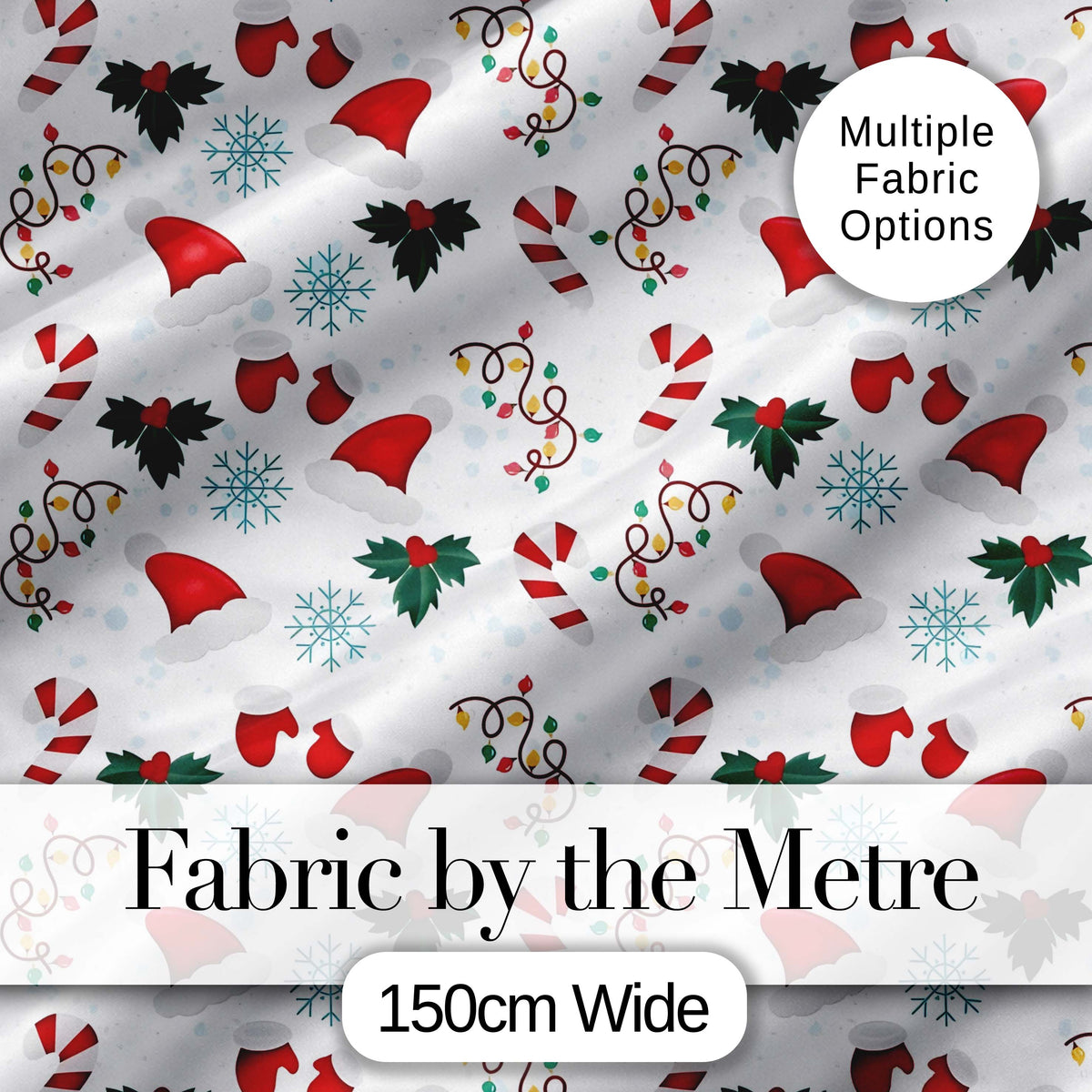 Christmas Hat Mittens Candy Cane Holly Snowflake Seamless Pattern Digital Print Fabric by the Metre UK Sewing Quilting Textile