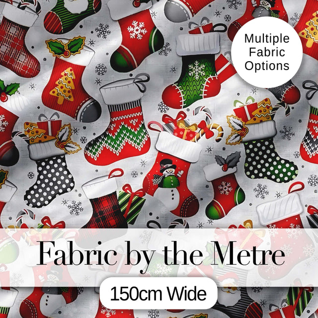 Christmas Stockings Gifts Candy Snowflake Seamless Pattern Digital Print Fabric by the Metre UK Sewing Quilting Textile