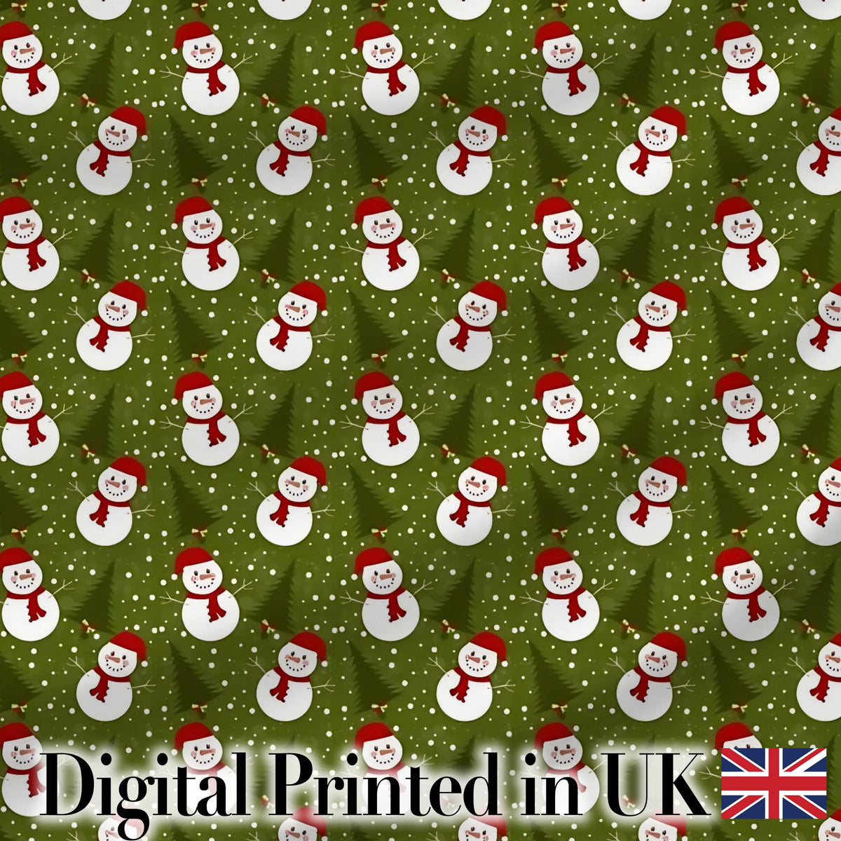 Cute Snowman Winter Forest Snowfall Seamless Pattern Digital Print Fabric by the Metre UK Sewing Quilting Textile
